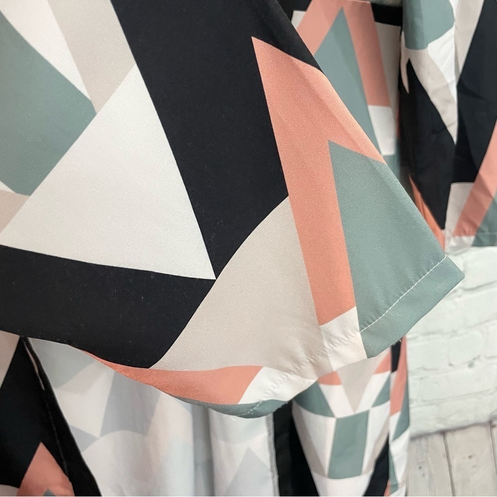 Geometric Chevron Maxi Shirt Dress Long Button Front Jacket Black Sage Peach - Picture 7 of 9
